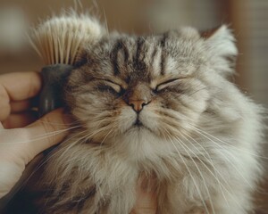 Poster - A cat enjoys being brushed. AI.