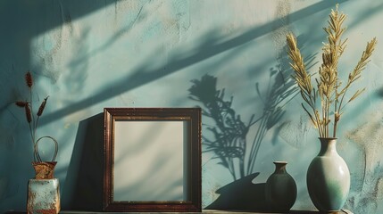 a picture frame and vases on a table