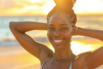 Poster - A woman smiles brightly at the beach. AI.