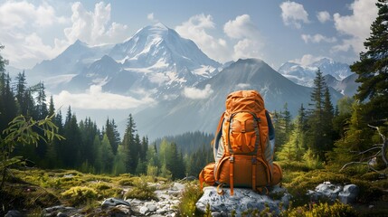 Large hiking and trekking backpacks The background image is a mountain forest. wide-angle lens realistic lighting. 