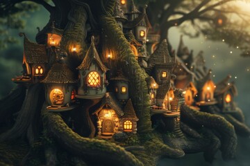 Wall Mural - A whimsical village nestled within the branches of a  tree. AI.