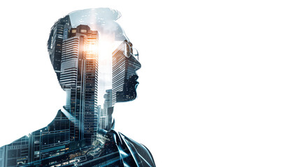 Poster - Corporate leader with modern urban architecture double exposure effect strength and vision theme