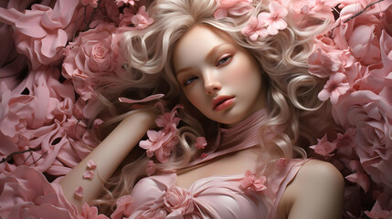 Poster - Blond Woman in a Sea of Pink Flowers