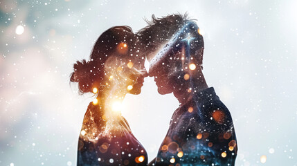 Poster - Couple in romantic pose with starry night sky double exposure effect soft and dreamy colors