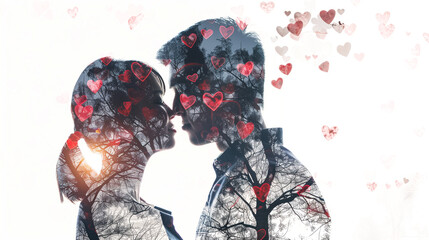 Wall Mural - Couple with heart shapes and love symbols double exposure effect sweet and affectionate scene