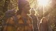 © AspctStyle - Group of friends hiking through a sunlit forest, smiling and enjoying nature, vibrant and adventurous atmosphere