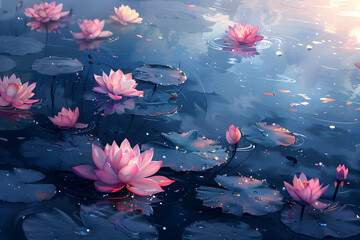 Wall Mural - Pink Lotus Flowers on a Still Pond