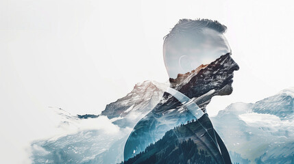 Poster - Double exposure effect of a confident corporate leader, with a mountain peak overlay