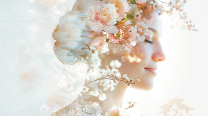 Poster - Elegant bride with soft floral patterns double exposure effect, romantic and beautiful