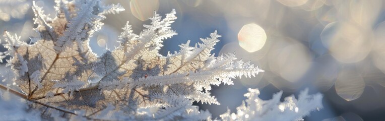 Poster - A single leaf, coated in a thick layer of frost, catches the light of the winter sun. The delicate ice crystals sparkle and shimmer, creating a beautiful and ethereal scene.
