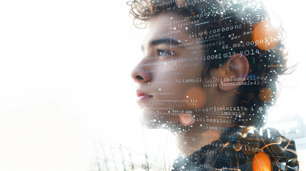 Poster - Young entrepreneur with digital tech patterns double exposure effect