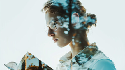 Poster - Young student with open book and academic symbols double exposure effect