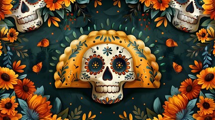 Enchanted Dia de los Muertos with Colorful Skulls and Floral Empanada Banner