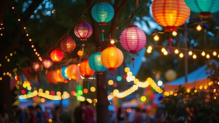 Poster - Vibrant decorations and lights create a magical summer festival with music, food, and laughter.