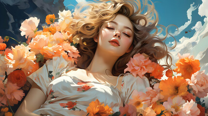 Canvas Print - Dreamy Woman in Flower Bed Illustration