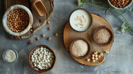 Sticker - Ingredients for plant based milk on wooden plates from above gray surface vegan lifestyle