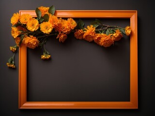 empty Orange frame with yellow flowers on a dark background