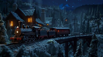 A model train traversing a snowy mountain bridge under a starlit sky