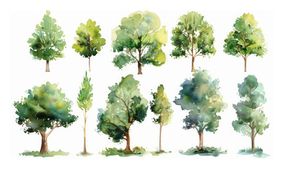 set of watercolor green trees isolated on a white background, ideal for landscape and architectural 