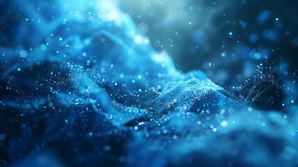 Poster - blue fantasy abstract technology and science background featuring particles and plexus connected lin