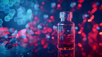 Wall Mural - blue and red glass flasks with chemical structures on a research background - medical science and te