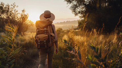 Wall Mural - Woman with backpack and hat hiking through a sunlit meadow at sunrise, surrounded by tall grass and nature