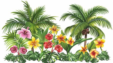 Poster - Tropical summer clipart with palm trees and flowers, perfect for summer projects and beach graphics!