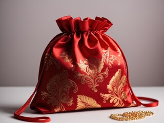 Fabric red gift bag with gold pattern Red pouch for christmas