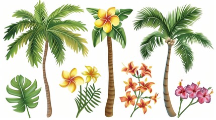 Poster - Tropical summer clipart with palm trees and flowers, perfect for beach designs and travel posters!