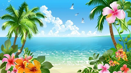 Poster - Colorful tropical clipart with palm trees and flowers, perfect for cheerful designs!