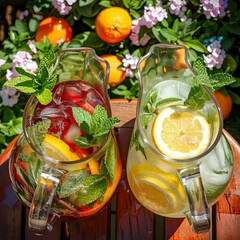 Wall Mural - Two pitchers of lemonade and iced tea with lemon and mint