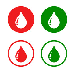 Water, blood drop icon set in red and green color. Water drop icon on shiny color circle buttons, logotype. Water drop in circle, outline. Isolated on white background.
