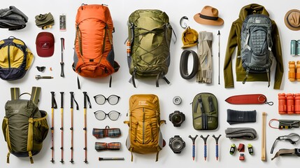 Wall Mural - Set of sport equipment and gear for hiking and trekking. Top view of walking sticks, backpack, clothes etc. isolated on white background. 