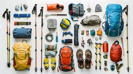 Set of sport equipment and gear for hiking and trekking. Top view of walking sticks, backpack, clothes etc. isolated on white background. 