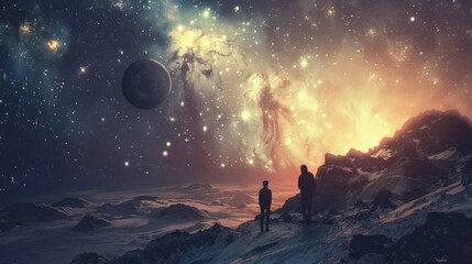 Poster - Two Silhouettes Gazing at a Cosmic Nebula