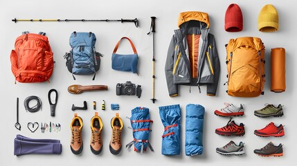 Wall Mural - Set of sport equipment and gear for hiking and trekking. Top view of walking sticks, backpack, clothes etc. isolated on white background. 