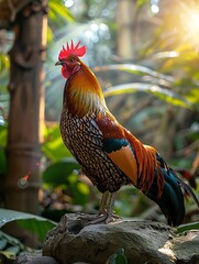 Sticker - A brightly colored rooster perched on a rock in a lush jungle setting