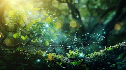 Wall Mural - ecological environment and energy concept with technological visuals and molecular symbols explained