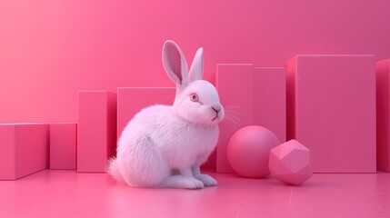 Poster - a white rabbit sitting on top of a pink floor next to a pile of cubes and a pink wall. 