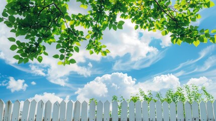 Wall Mural - White Fence Under Blue Sky with Green Leaves