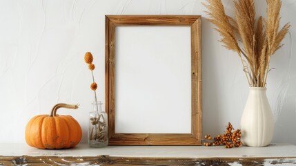 Canvas Print - Autumn-themed wooden frame on a shelf with fall grasses, pumpkin, and white wall.