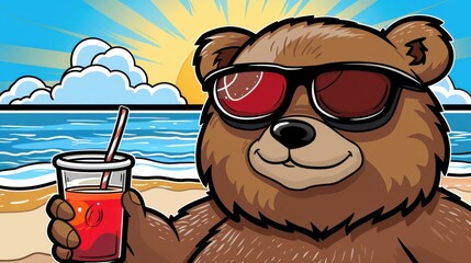 Wall Mural - A playful bear enjoys a sunny day at the beach, surrounded by sand, waves, and seashells in this whimsical cartoon.