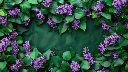 Canvas Print - Lilac flowers and green leaves on floral backdrop for Mother s and Women s Day Top down view