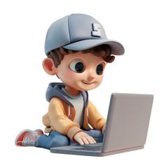 Sticker - 3D Boy with Laptop Computer-2, on isolated transparent background