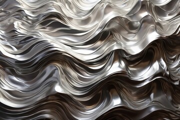 Wall Mural - close-up of silver wavy surface with glossy highlights resembling flowing water or fabric