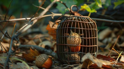 Sticker - A Rusty Birdcage With Acorns