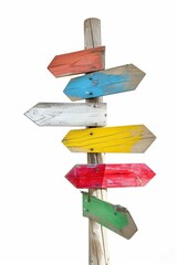 colorful wooden direction arrow signs on a wooden pole on a white background