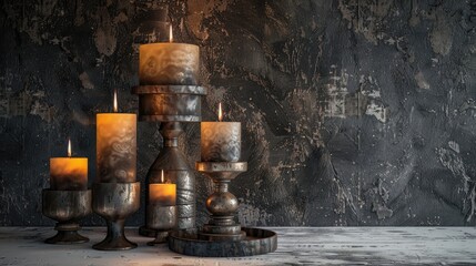 Wall Mural - Candles in old metal holders on white table with dark stone backdrop