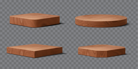 Wooden podium, platform display stage. Isolated realistic 3d vector four round and square wood scenes for showcasing beauty or natural cosmetic products, speeches, advertisements and presentations