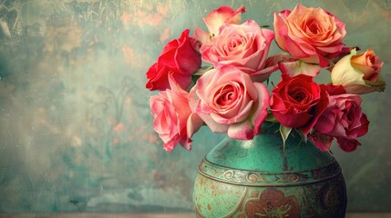 Wall Mural - roses in vase with vibrant hues and vintage style